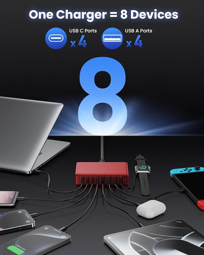 200W USB C Charger Block, GaN IV Charging Station 8 Ports, QC4.0 Fast Charging - Image 4
