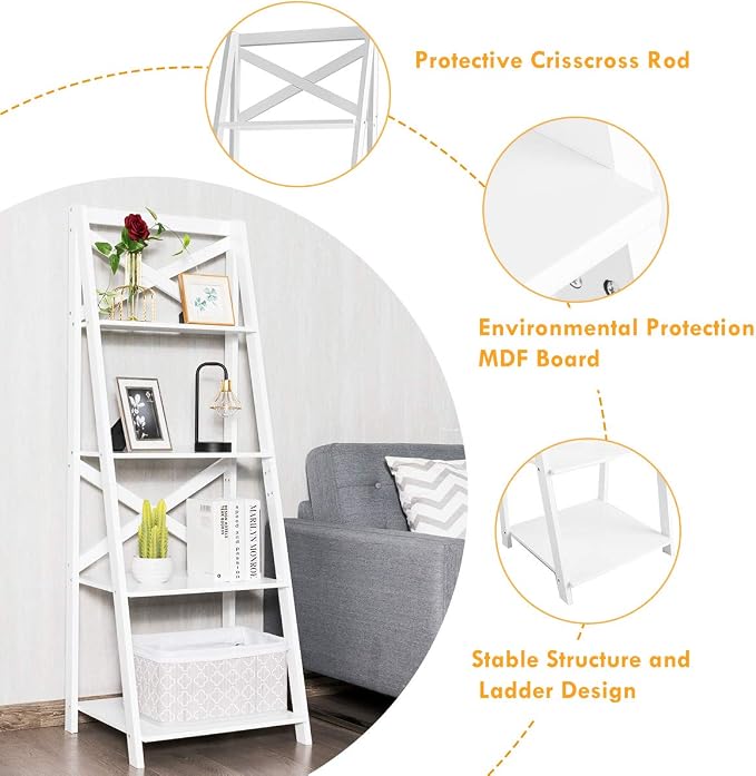Tangkula 4-Tier Ladder Shelf Bookcase Leaning Free Standing Wooden Frame Decor - Image 7