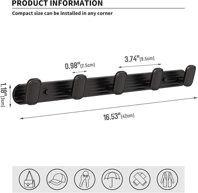 Coat Rack Wall Mount Black, 5 Hooks Rack Metal Coat Hanger Wall - Image 5