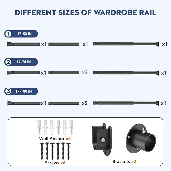 Heavy Duty Closet Rod, Adjustable 17-50 in, 1.3" Diameter | Black, Suitable - Image 4
