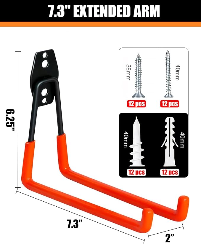 WMK 7.3'' Garage Hooks Heavy Duty Wall Hook, 6 Pack Garage Storage Hook - Image 2