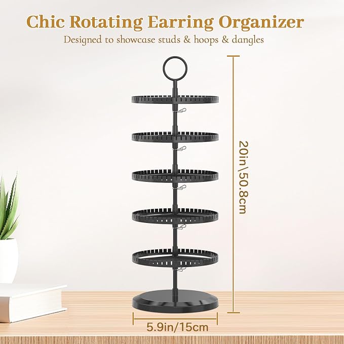 MODOWEY Rotating Earring Holder Organizer Adjustable Display, 5 Tiers Black | - Image 3
