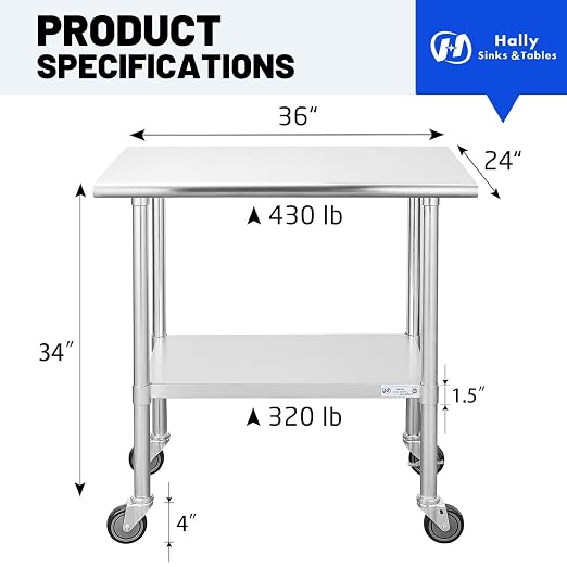Hally Stainless Steel Table for Prep & Work 24 x 36 Inches - Image 2