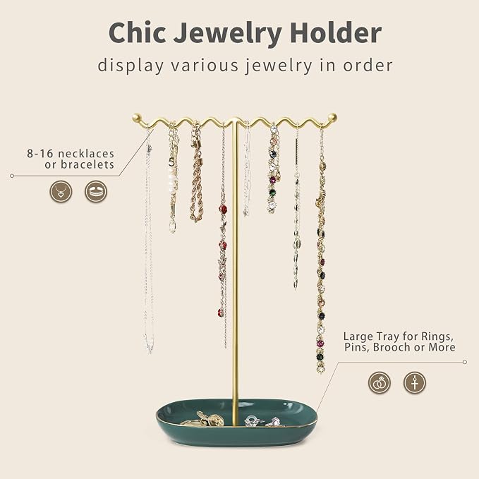 Elegant Jewelry Holder Stand: Metal Tree & Ceramic Tray Organizer - Image 5