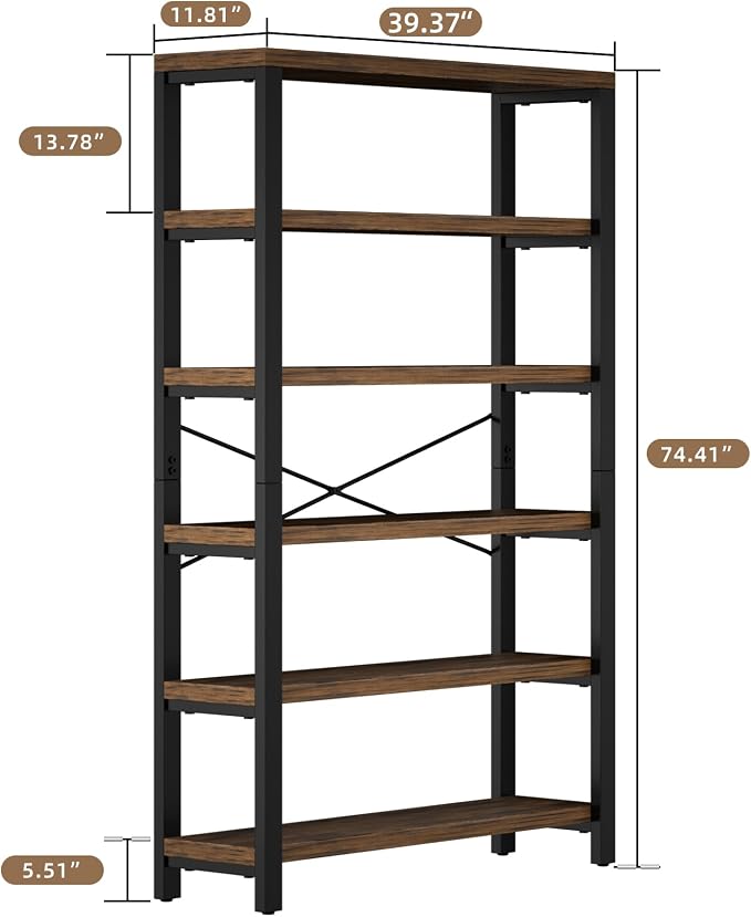 6-Tier 39.37" Wide Heavy Duty Bookshelf, Industrial Wood and Metal Bookshelf - Image 2