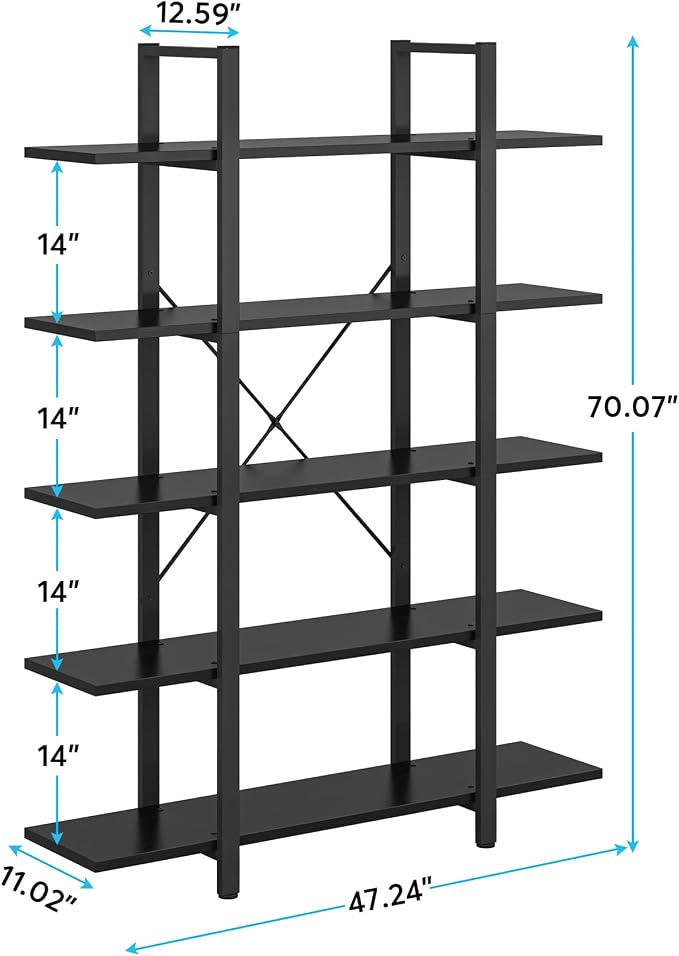 Tribesigns 5-Tier Bookshelf, Vintage Industrial Style Bookcase 72 H x 12 W x - Image 3