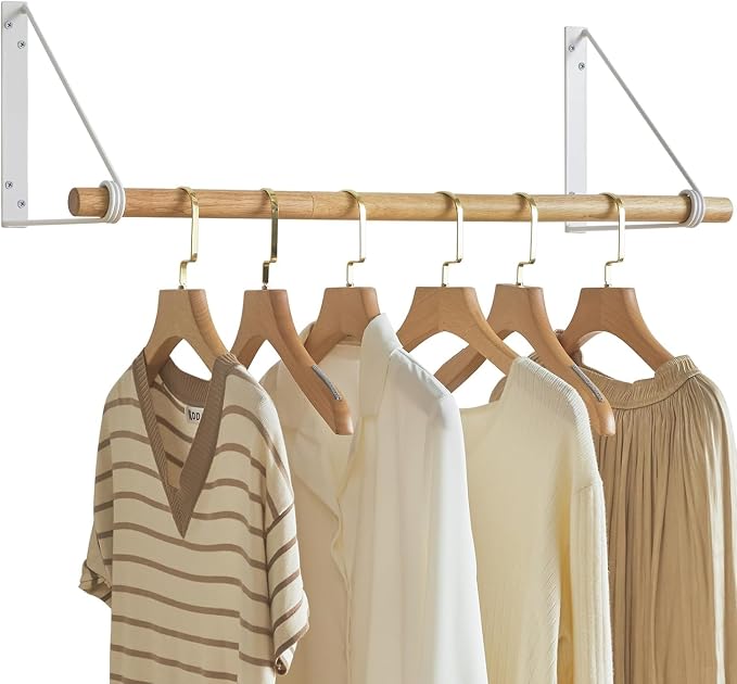 IBUYKE Wall Mounted Clothes Rack, Wood Wall Mounted Clothes Rail, Space-Saving by IBUYKE
