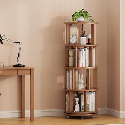 Solid Wood Rotating Bookshelf on Wheels, 4 Tier, Round Revolving Bookcase - Image 9