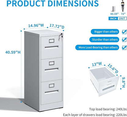 3 Drawer File Cabinet with Lock, Metal Vertical Filing Storage Cabinet - Image 3