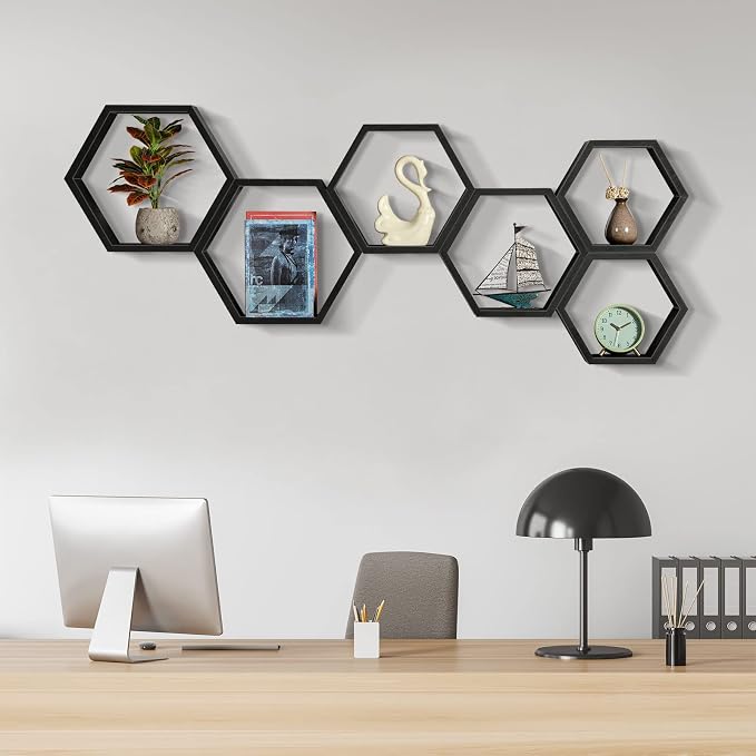 CADUKE Hexagonal Floating Shelves Set of 6, Wood Storage, Honeycomb Shelf - Image 6