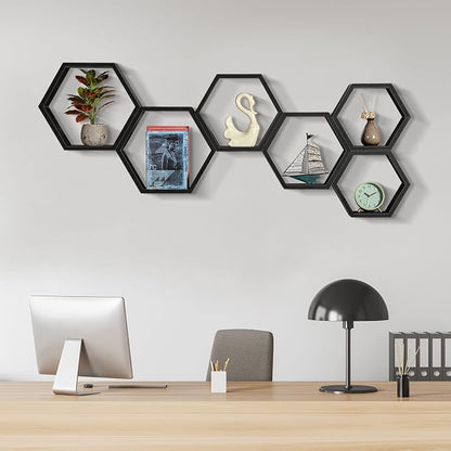 CADUKE Hexagonal Floating Shelves Set of 6, Wood Storage, Honeycomb Shelf - Image 6