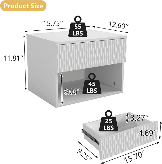 Vibe & Dine Floating Nightstand Set of 2, Wall Mounted Night Stand - Image 2