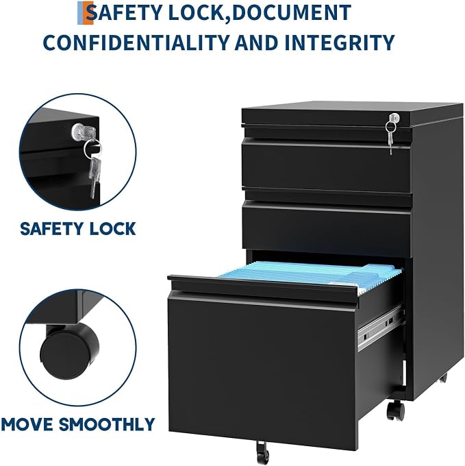 3 Drawer File Cabinet with Lock, Under Desk Metal Mobile Filing Cabinet with - Image 8