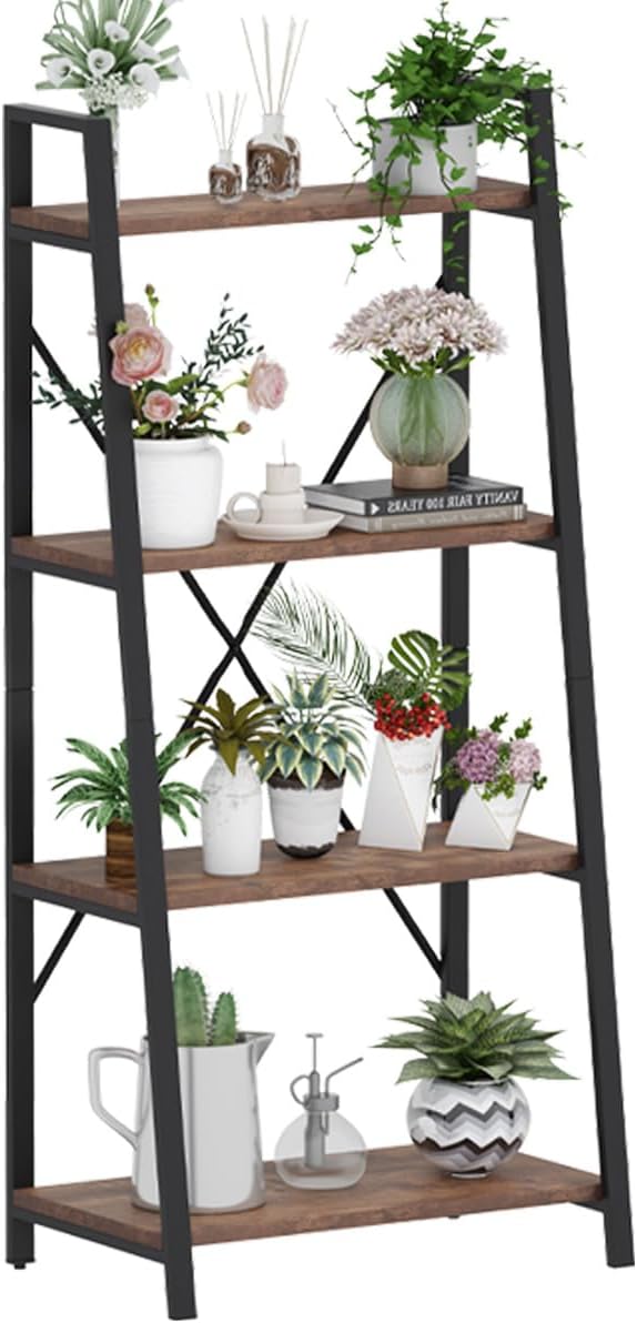 BON AUGURE Industrial Ladder Shelf Bookcase, 4 Tier Rustic Ladder Bookshelf - Image 9