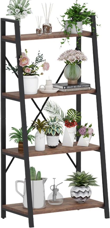 BON AUGURE Industrial Ladder Shelf Bookcase, 4 Tier Rustic Ladder Bookshelf - Image 9