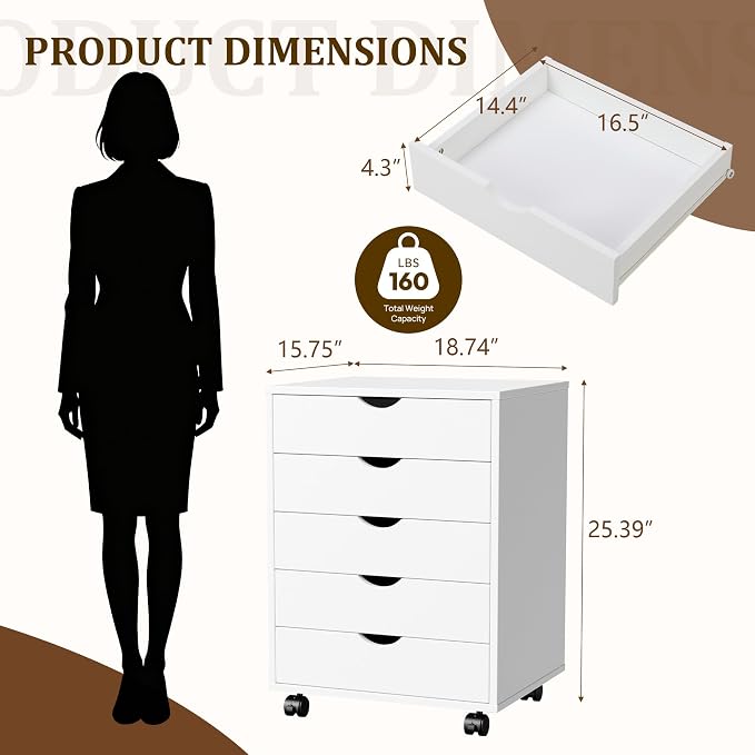 5 Drawer Rolling Storage Cabinet, Mobile File Cabinet - Image 3
