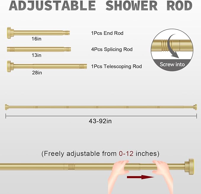 Thestoa Gold Shower Curtain Rod Adjustable 43-92 inch, Anti-Rust Non-Slip - Image 5