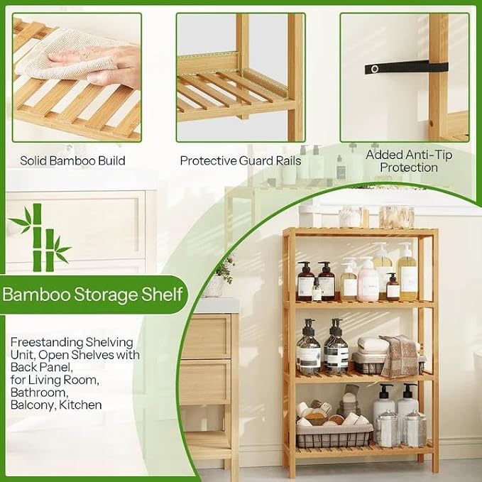 HOOBRO Bamboo Storage Shelf, 4-Tier Freestanding Shelving Unit, 23.6 x 10.2 x - Image 7
