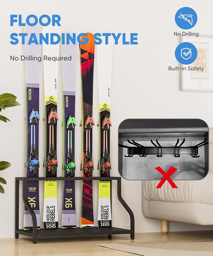 Ski Storage Rack for Garage — Freestanding Ski Holder for 5 Pair Skis, Indoor - Image 5