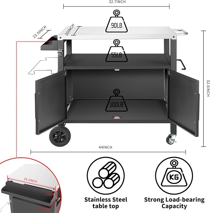 Dining Cart Table with Big Storage Cabinet, Movable Outdoor BBQ Grill Table - Image 5