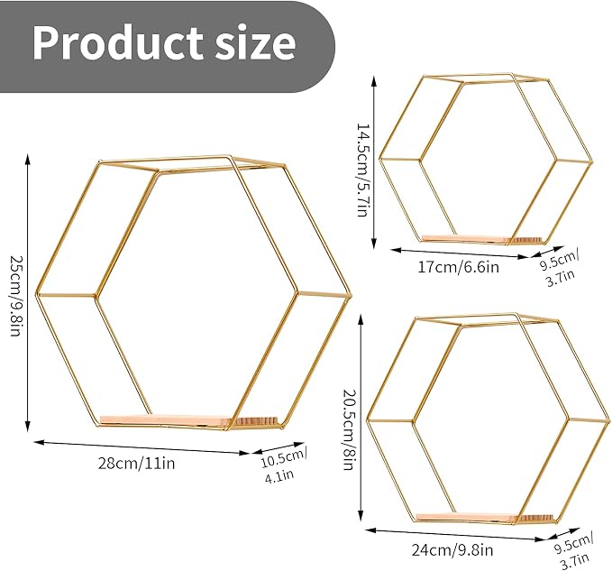 Wall Mounted Hexagonal Floating Shelves Set of 3 in Different Sizes, Modern - Image 2