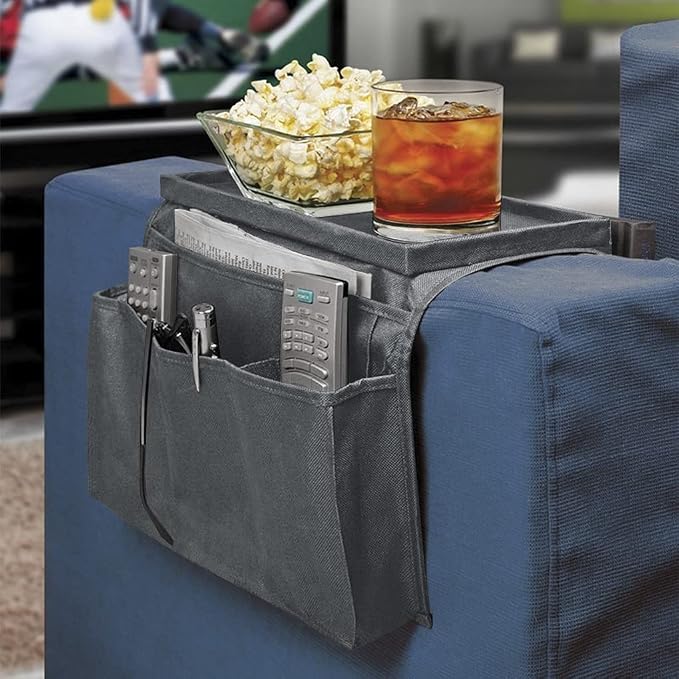 5 Pockets TV Remote Control Holder Couch Sofa Tray Armrest Organiser Oxford - Image 2