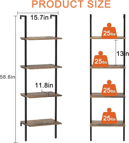 Ladder Shelf 4 Tiers Metal Industrial Bookshelf, Wall Mount Wide Book Case - Image 3