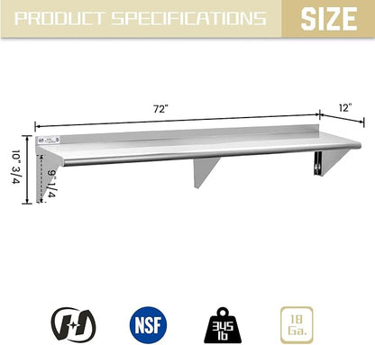 Hally Stainless Steel Shelf 12 x 72 Inches 345 lb, NSF Commercial Wall Mount - Image 3