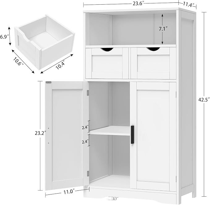 Iwell Bathroom Cabinet with Doors and Drawers, Freestanding Bathroom Storage - Image 3
