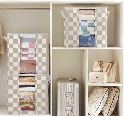 Beige Checkered Clothes Storage Bins, 100L Large Blanket Storage Bags 3 Pack - Image 3
