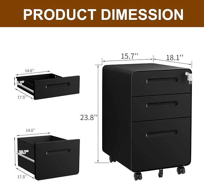 3 Drawer File Cabinet with Lock and 4 Keys, Mobile Metal Filing Cabinet - Image 3