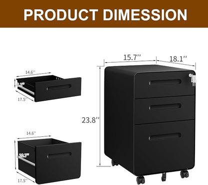 3 Drawer File Cabinet with Lock and 4 Keys, Mobile Metal Filing Cabinet - Image 3