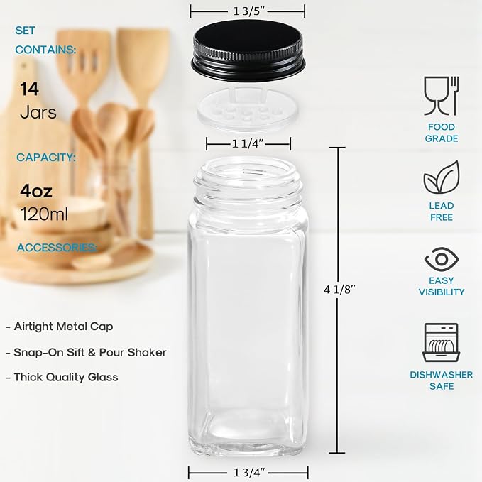 AOZITA 14 Pcs Glass Spice Jars - 4oz Empty Square Spice Bottles and Spice - Image 2