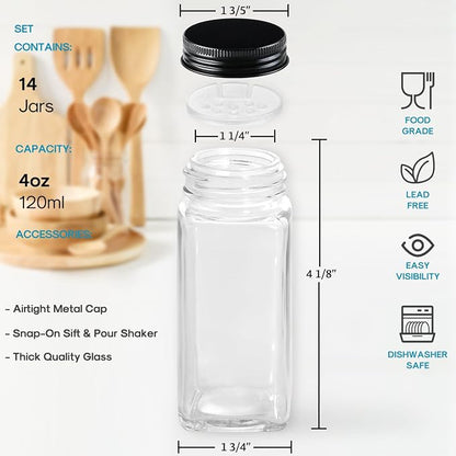 AOZITA 14 Pcs Glass Spice Jars - 4oz Empty Square Spice Bottles and Spice - Image 2