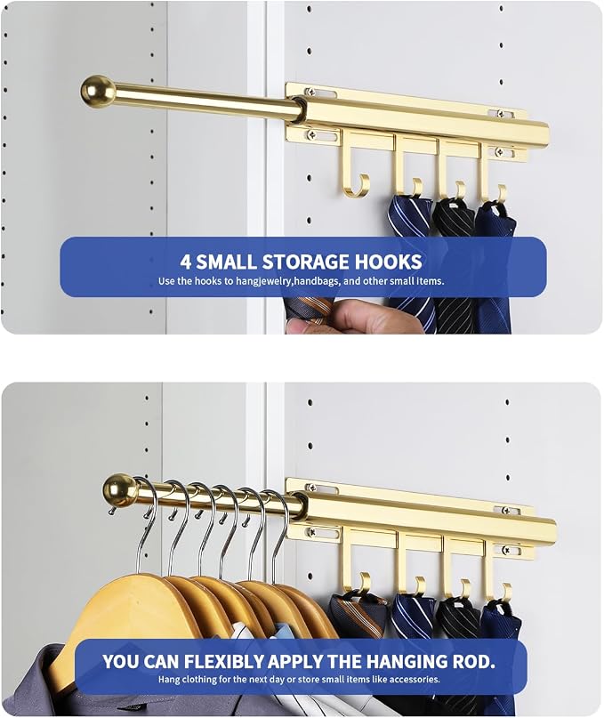 BaiNong Valet Rod for Closets Pull Out 12" Gold - Image 3
