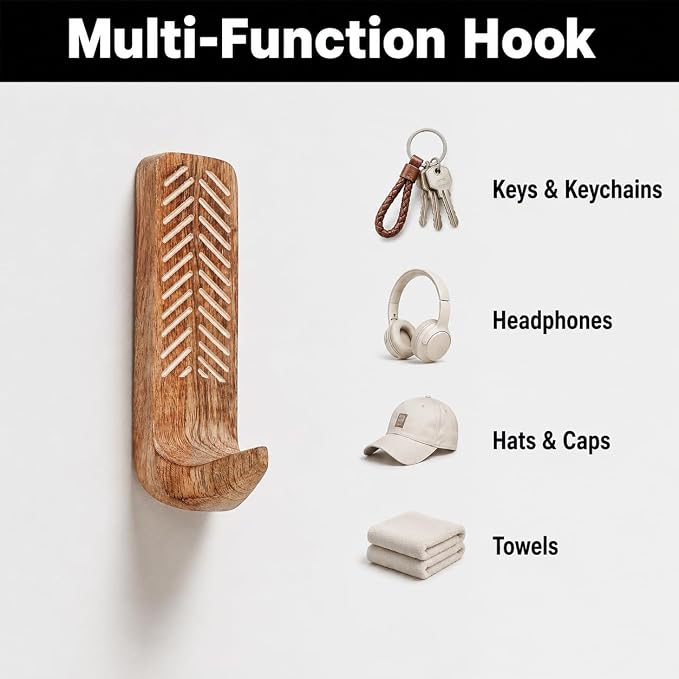 IndianShelf 3 Boho Wood Adhesive Wall Hooks Peel Stick - Image 5