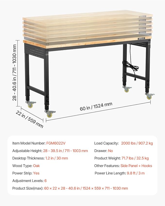 VEVOR Adjustable Workbench, 60 Inch Work Bench - Image 7