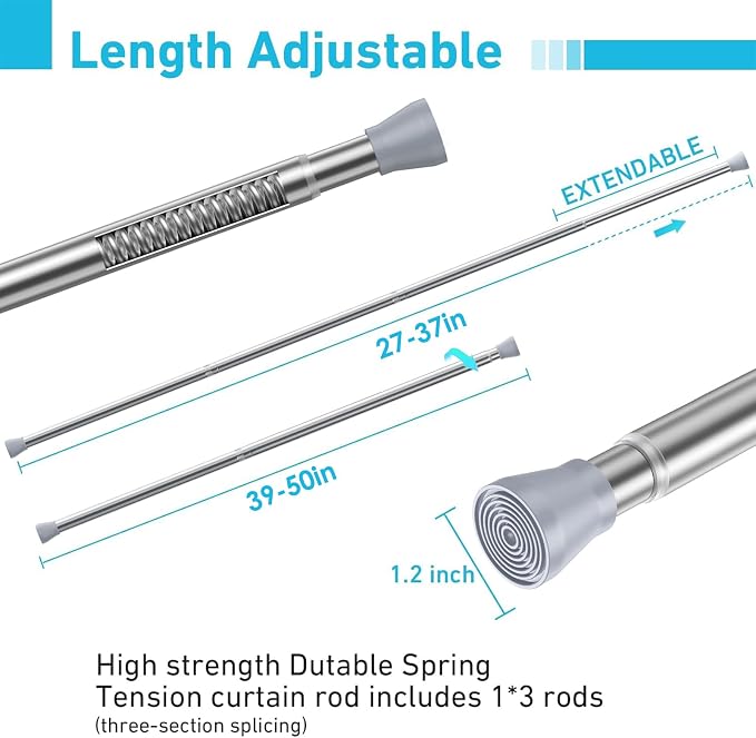 MEXAU 1Pack Spring Tension Curtain Rod 27-50 inch Silver Small Tension Rod | - Image 2