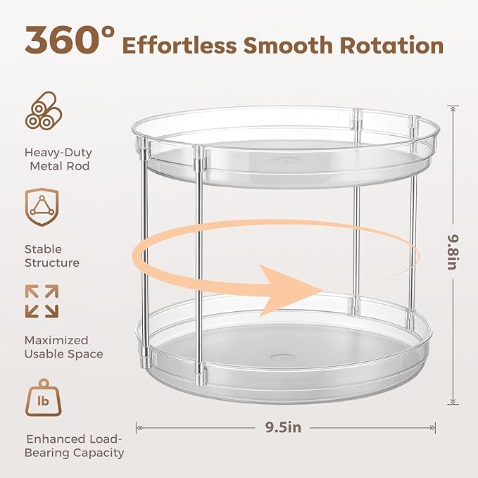 2-Pack 2-Tier Clear Lazy Susan Turntable Organizer, 9.5" Rotating Spice Rack - Image 2