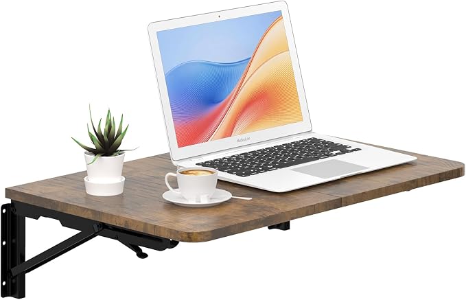 TEAMIX Wall Mounted Folding Table, Rustic Brown Floating Desk by TEAMIX