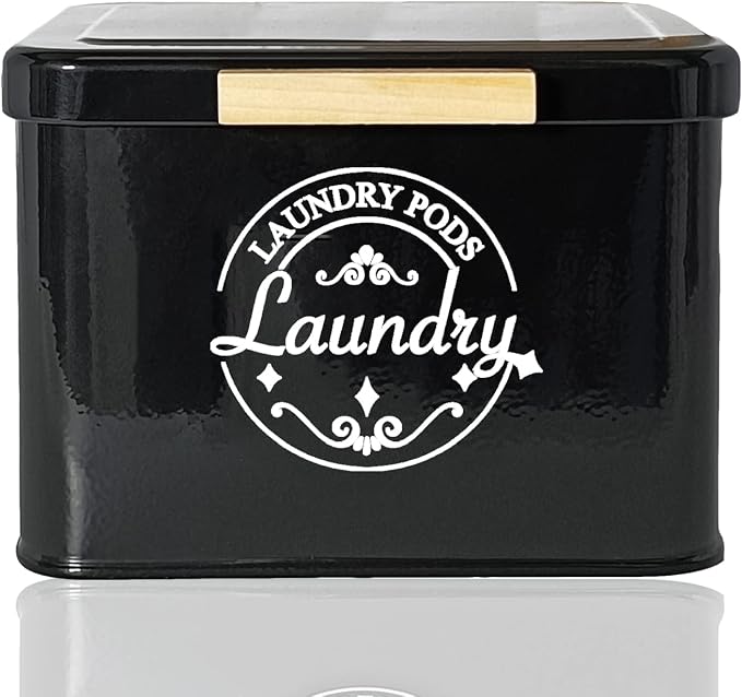 Laundry Pods Holder with Hinged Lid, Farmhouse Space-Saving Metal Container by EasierLaundrySimplerLife
