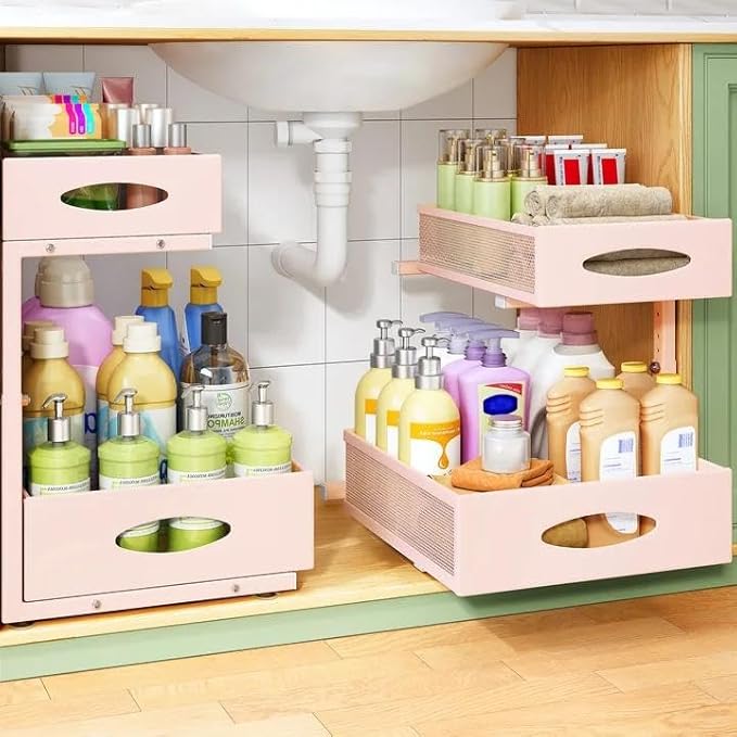 Under Sink Organizer, L-Shaped Adjustable Height, Mesh Sliding Drawer by Kitstorack