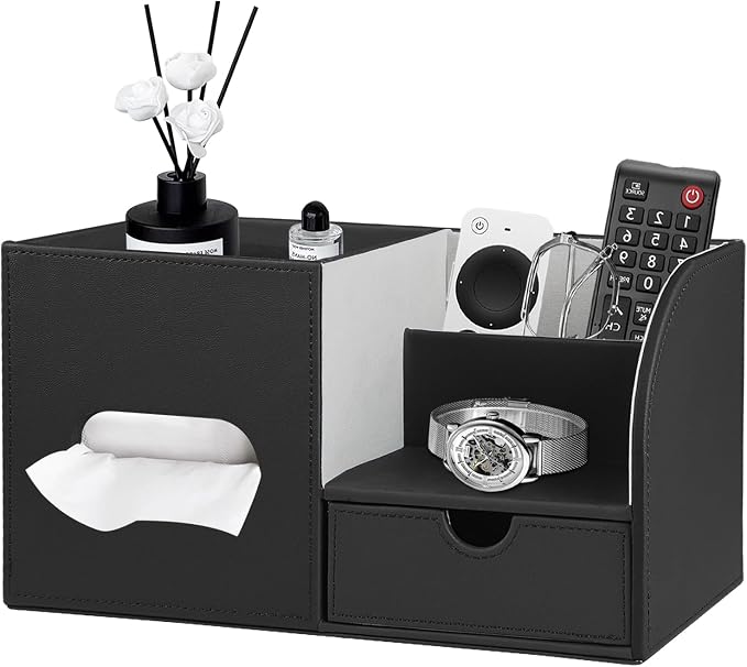 YAPISHI Tissue Box Cover with Storage Tray and Drawer, PU Leather Square Tissue by YAPISHI