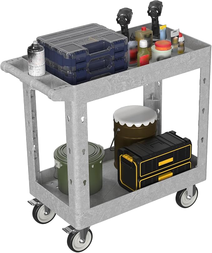 2 Tier Plastic Rolling Utility Cart on Wheels, Heavy Duty Tool Cart by Bettertoolsforbetterlife