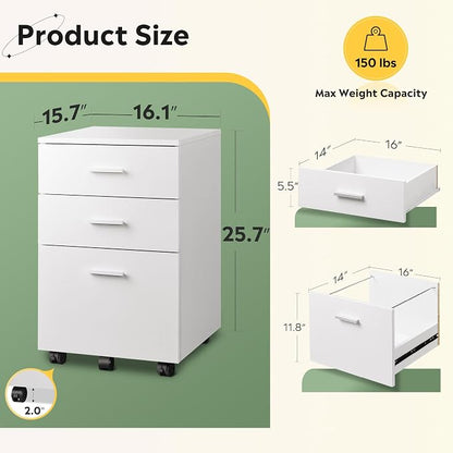 DEVAISE 3 Drawer Wood Mobile File Cabinet, Rolling Filing Cabinet - Image 3
