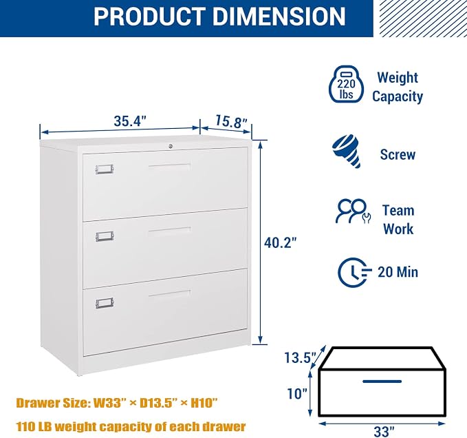 Lateral File Cabinet with Lock, 3 Drawer Large Metal Filing Cabinet, Home - Image 3