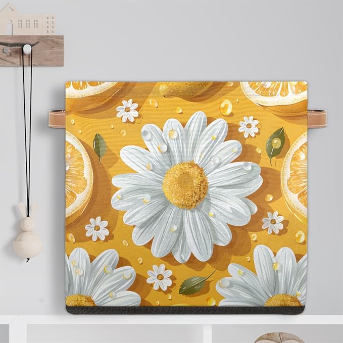 TropicalLife 13x13x13 Inch Large Fabric Storage Cube Lemon Daisy Foldable - Image 6