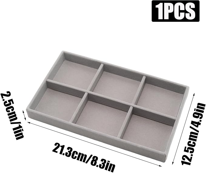 Velvet Jewelry Organizer Trays Gray 6 Grids | Stackable Jewelry Storage Display - Image 2