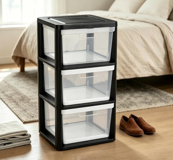 Black 3 Drawer Storage Tower, Plastic Organizer Cabinet - Image 7
