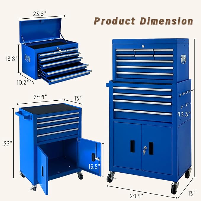 13-Drawer Double Doors Handle Rolling Tool Chest, 2 in 1 Detachable Rolling - Image 3